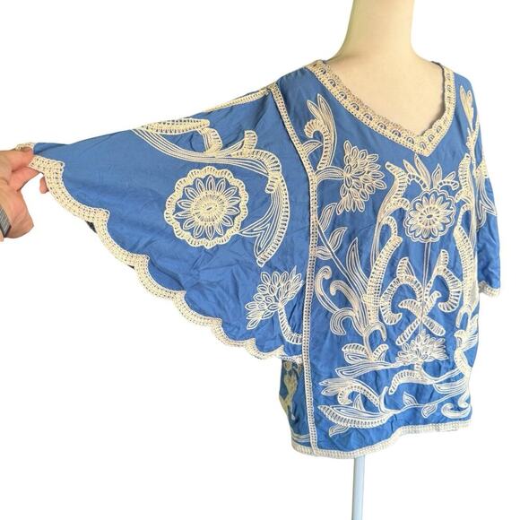 Kindred Floral Embroidered Top Blue L Bohemian Hippie Whimsy Indie Granolagirl - Picture 4 of 11